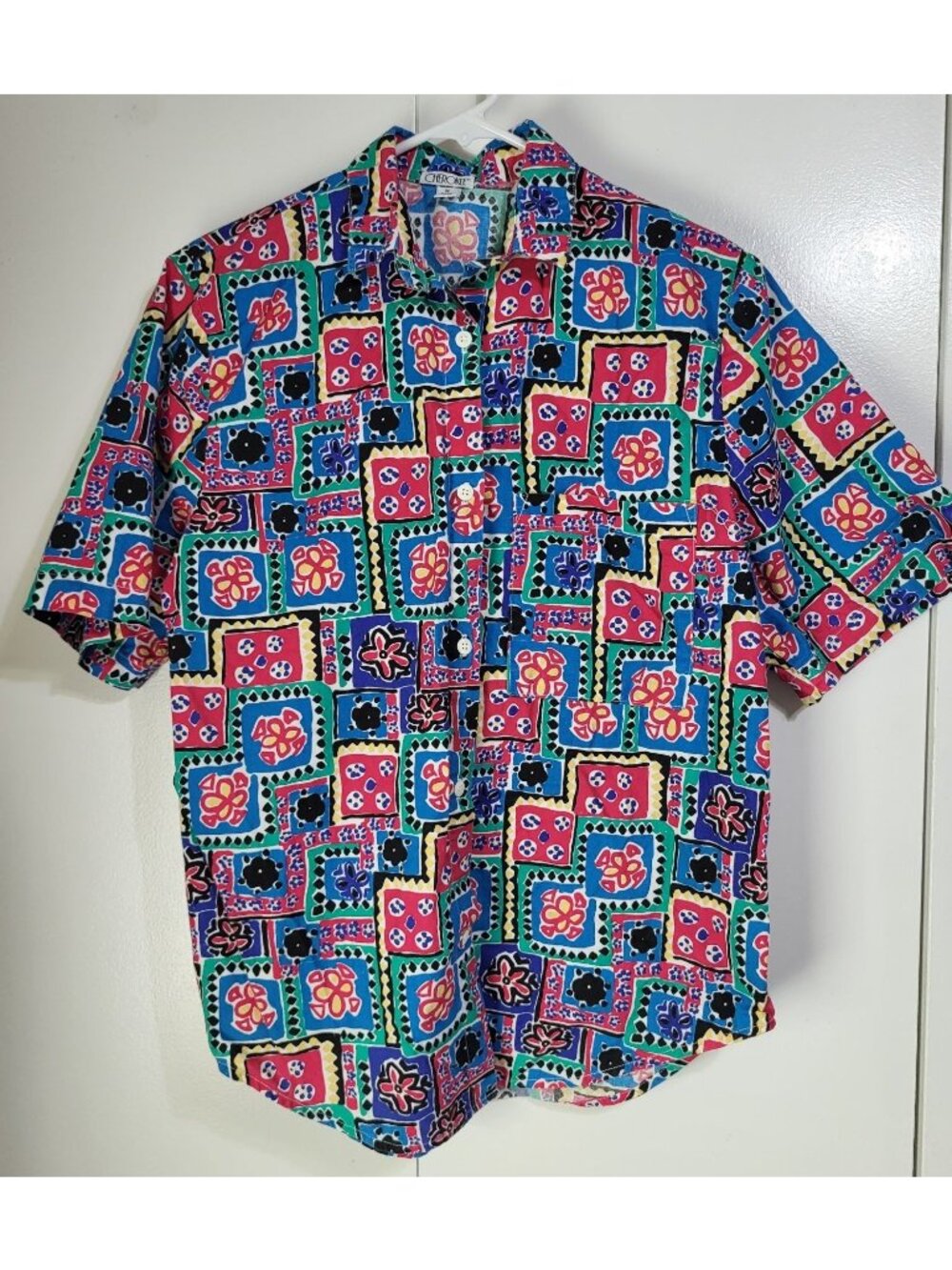 VTG CHEROKEE Women's SZ M Button Up Colorful Abstract Shirt Cotton USA Beach